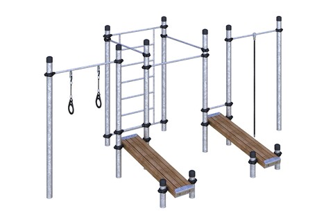 Многофункциональный комплекс из 3 турников, 2 скамей для упражнений на пресс, колец, каната и шведской стенки W-02-025