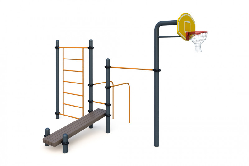 Турник классического хвата, баскетбольная стойка, брусья, лавка для упражнений на пресс, шведская стенка W-06-005